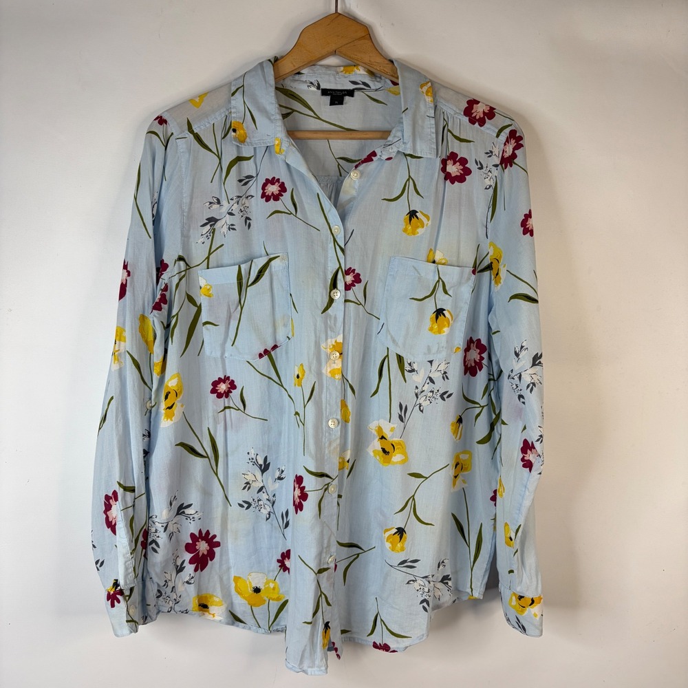 Ann Taylor Factory Button Down Women XL Blue Floral Roll Tab Sleeve Shirt